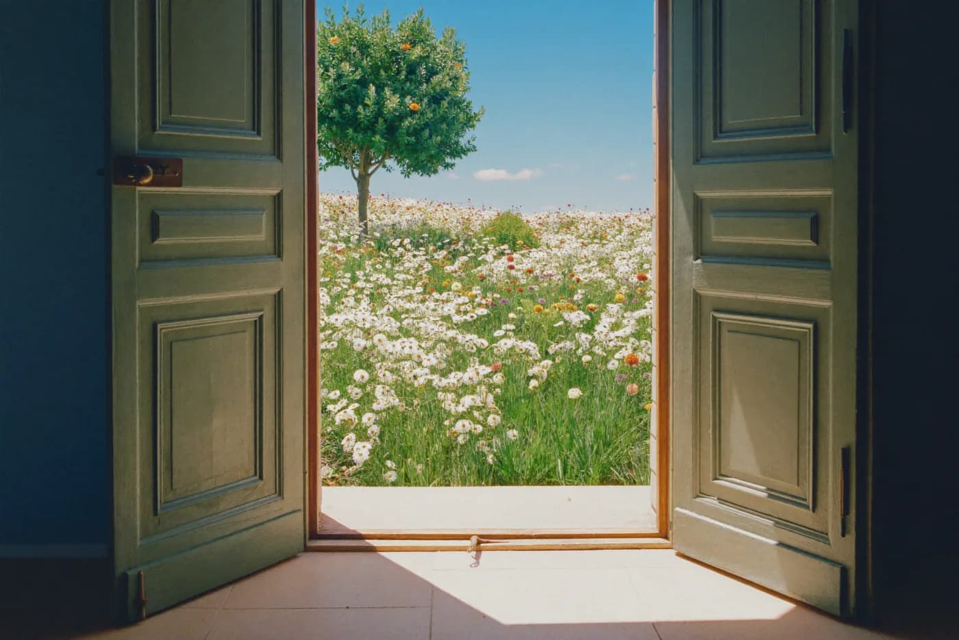 A pair of doors thrown open onto a bright wildflower meadow under a clear blue sky